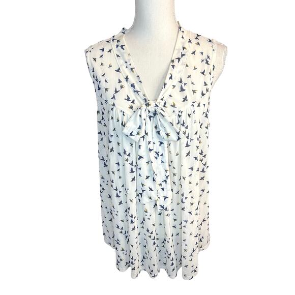 Ember Tops - Ember white navy bird print bow tie sleeveless blouse indie professional casual